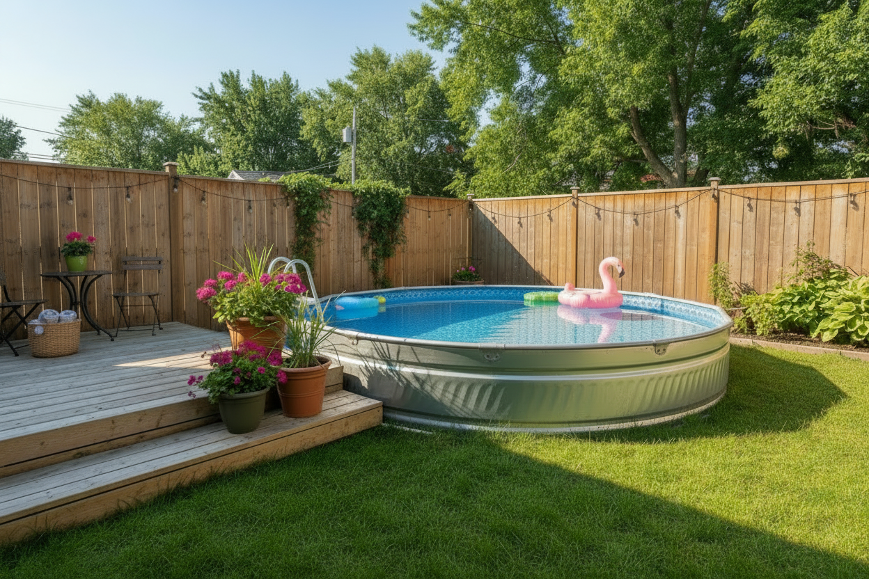 700 gal. Galvanized Round Stock Tank, 8 ft. W x 2 ft. H x 8 ft. L (96 in. L x 96 in. W x 24 in. H)